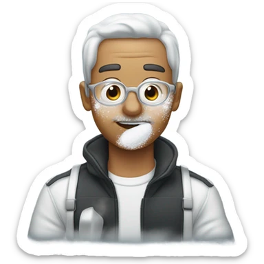 Man with a little powder sugar specs on his nose sniffing powdered sugar on a spoon.  sticker