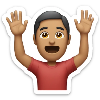 Person putting hands up meh face sticker