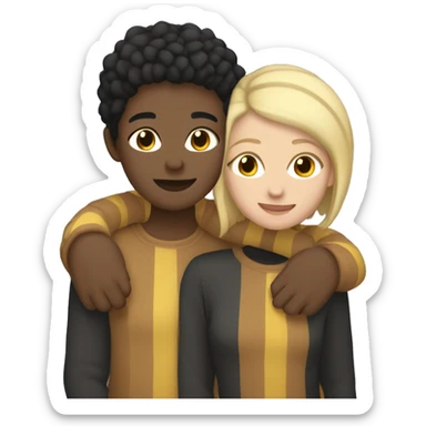 hugging lesbian where one wears a stripe yellowish color with slightly blonde hair with septum piercing and the other one wears brown clothes and black hair sticker