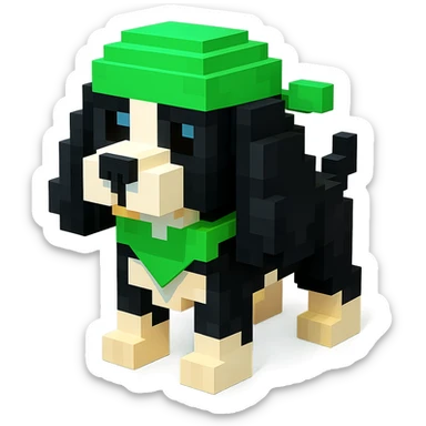 A black and white Russian Cocker Spaniel puppy wearing a green durag, voxel style, standing sticker