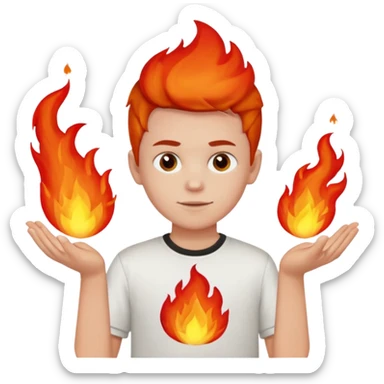 A boy with no hands fire instead made out of red fire and the boy is wearing a shirt that says FIRE CREATOR  sticker