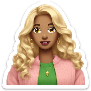 girl pink sweater pink lipstick green eyes gold earrings pink nails golden wavy long hair full body sticker