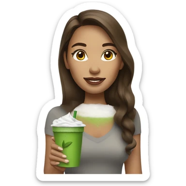 Woman with long brown hair drinking iced matcha wearing AirPods  sticker