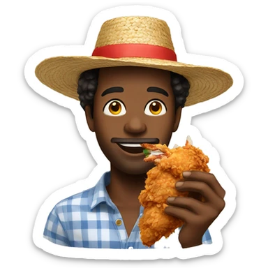 Black man eating spicy fried chicken while wearing a straw hat sticker