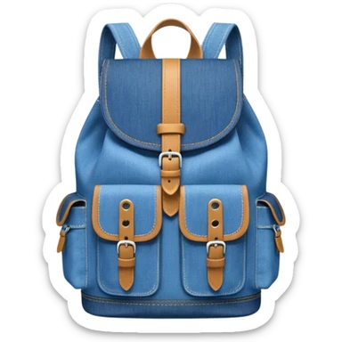 blue denim backpack with a flap top and one small buckle straps attached only on the flap, not connected to the front panel. No front pockets or vertical straps below the flap. Clean and minimal design with two side pockets. 



 sticker