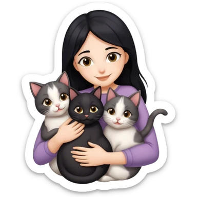 happy girl with black hair hugging three cats  (black cat, gray cat, brown calico cat) sticker