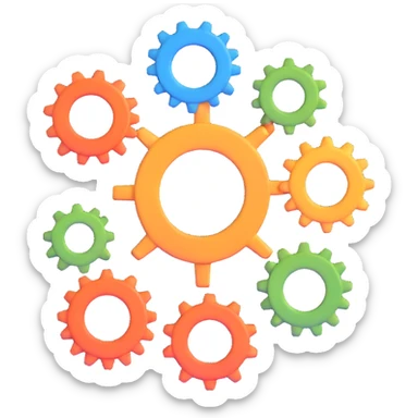 gear icon with interconnected nodes forming a workflow sticker