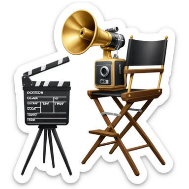 Professional icon for Directing: a collage featuring a director's chair, a film camera, a megaphone and an Oscar trophy. The icon should represent the craft and creativity of film directing, with emphasis on leadership and cinematic artistry. Transparent background. sticker