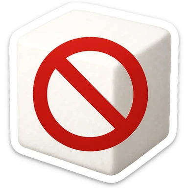A sugar cube with a red prohibition sign over it, indicating sugar-free, in a simple and clear emoji style. The prohibition sign should be similar to the one used in 18+ emojis. sticker