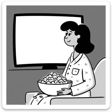 Hand-drawn person in pajamas watching movie at home with a big bowl of popcorn, tv light glowing sticker
