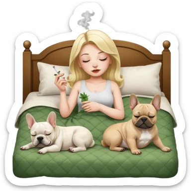 Sleeping weed smoking blonde women with French bulldogs on the bed sticker