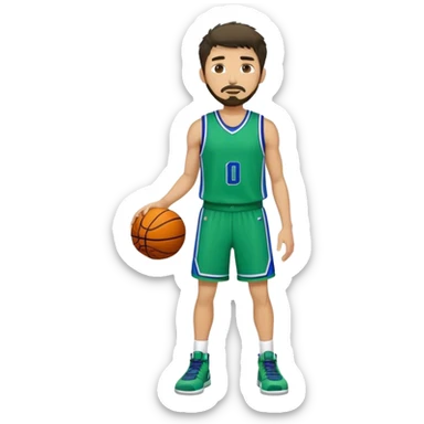 Full Body white male basketball player with short dark shaggy hair and goatee wearing blue and green uniform sticker