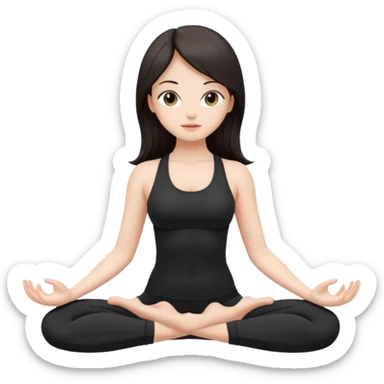 Девушка белокожая, с длинными темными волосами, в черной одежде для йоги, стоит в позе лотоса, в стиле бимбо пилатес, правильные пропорции, только человек sticker