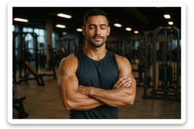 uomo sicuro di sè a braccia conserte, ben allenato e sereno, sullo sfondo una palestra sticker