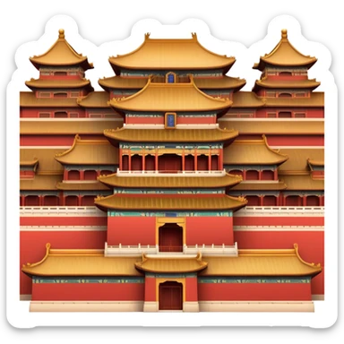 Cinematic Realistic Forbidden City Landmark Emoji, depicting grand imperial architecture with golden rooftops, vast courtyards, and intricate wooden carvings, all surrounded by towering red walls. sticker