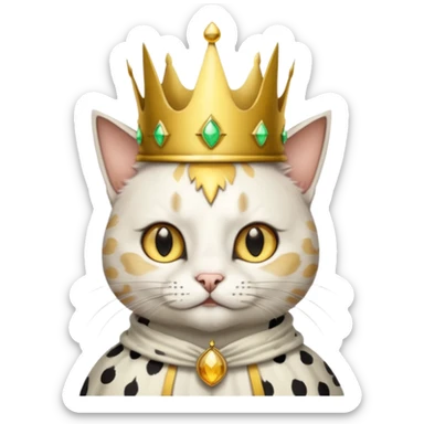 A wizard king cat that is mostly white with big black spots and yellow eyes sticker