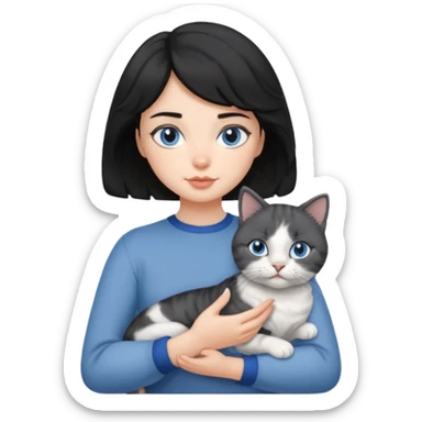 wavy black haired girl with a short haitcut holding a british cat sticker