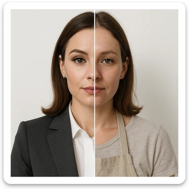 split-image of a woman, one half of her face with professional makeup and business office attire, the other half natural and makeup-free, wearing a kitchen apron like a homemaker, symmetrical composition, white background, realistic style, clear contrast between the two roles sticker