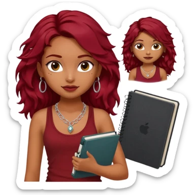 a pretty tan indian bratz girl with messy dark wavyred hair, wearing a dark red tank top, layered silver necklaces. Carrying multiple sketchbooks sticker