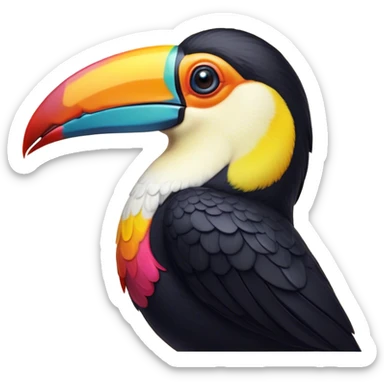 Cinematic Noble Toucan Portrait Emoji, Poised and regal, with a vibrant, striking beak and a sleek, colorful body adorned with bold patterns and keen, observant eyes, Simplified yet sharp and sophisticated features, highly detailed, glowing with a soft, tropical radiance, high shine, intelligent and majestic, stylized with an air of exotic elegance, focused and alert, soft glowing outline, capturing the essence of a watchful and confident avian guardian that appears ready to take flight out of the screen with effortless authority! sticker