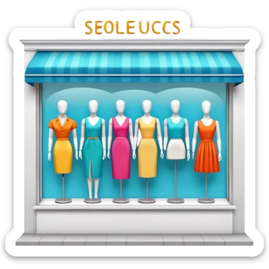 Storefront shop window with products displayed, mannequins, and clothing items sticker