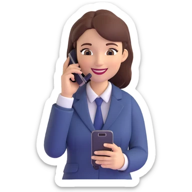 3D illustration, female office worker standing, smiling, using a mobile phone, positive and professional sticker