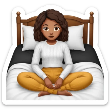 UNE FEMME DE COULEUR DE PEAU NOIRE HABILLE AVEC UN PULL BLANC ET JOGGING NOIR ET ELLE EST DANS SON LIT sticker