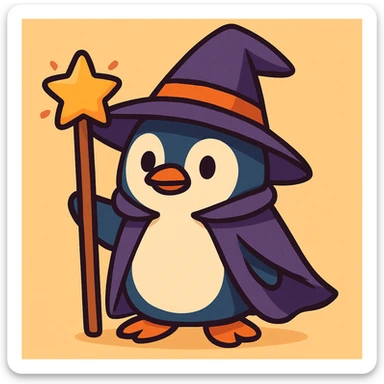 cute cartoon style penguin dressed as a wizard, with a pointy hat and a magic staff sticker