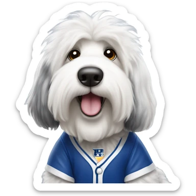 Salt and pepper Old English shepard wearing a dodgers shirt  sticker