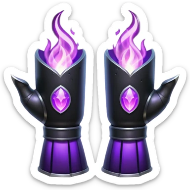 A Discord emoji of a pair of black armored gauntlets holding a flickering violet flame. The hands are positioned as if offering a gift. Dark gothic fantasy, glowing magical effects, high contrast, 2D vector style, white background. sticker
