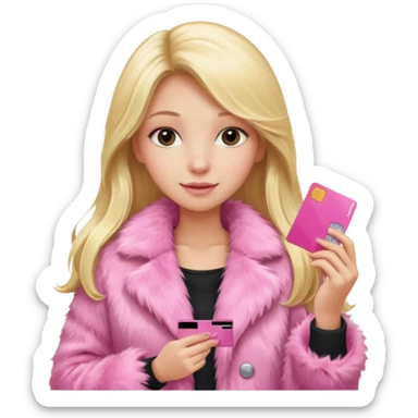 blonde long hair girl in a pink fur coat holding a pink credit card sticker