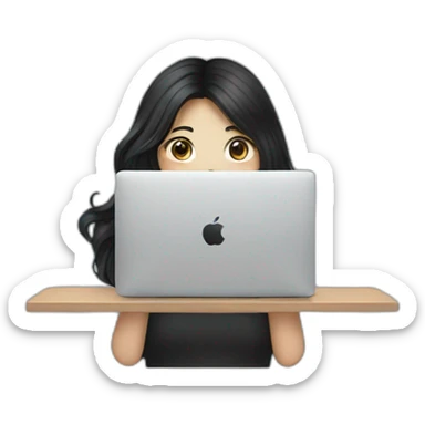 Korean girl behind of her macbook, long and wavy black hair sticker