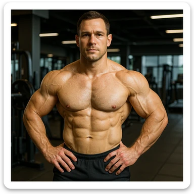 A 35-year-old bodybuilder con equilibrio su uso di sostanze e non. immagine iper realistica sticker