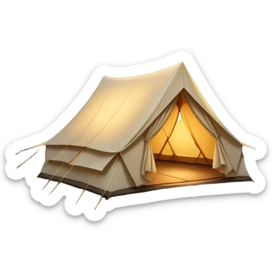 Cinematic Realistic Tent, a sturdy canvas tent nestled among tall trees, warm golden light spilling from inside, gentle folds in the fabric visible, glowing against the cool, dark forest backdrop, evoking a sense of adventure and comfort. sticker