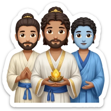 Create a Jesus - men long wavy dark-brown hair, short beard, wearing a simple white robe., Krishna- men blue skin with dark curled hair , and Buddha standing together. Buddha: men warm golden or light tan skin, dark curled hair with a traditional top bun (ushnisha)

 sticker