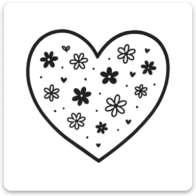 Remove the cat from the image, keep only the heart and floral doodle decorations in a hand-drawn doodle style. The style should resemble notion style hand drawn doodles with delicate floral elements and a whimsical artistic feel. sticker