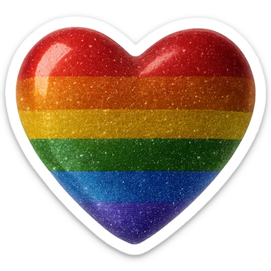 Add a glitter effect to the 3D floating realistic glossy pride heart in photorealistic style with no background. Enhance the sparkling glitter details on the glossy surface of the heart to make it shimmer realistically. sticker