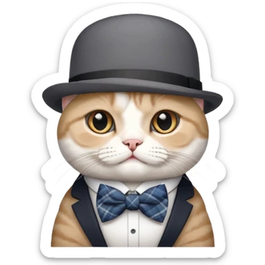 Cinsi scottish fold olan rengi Gri beyaz olan şapka ve papyon takan kedi sticker