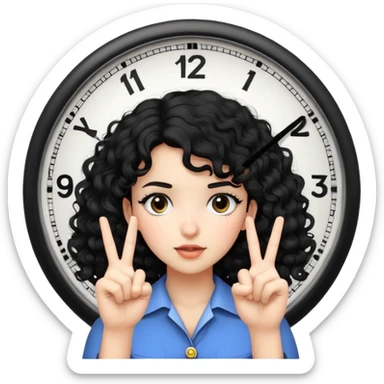 a girl with black curly hair, with a clock and putting her two fingers together like she is squashing something sticker