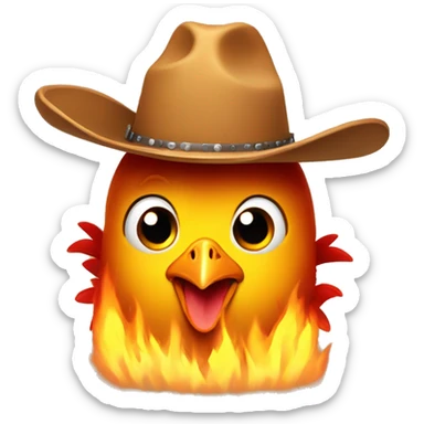 Cute chicken surrounded by fire wearing a cowboy hat sticker