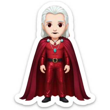 Dracula with long white hair, dark red sequin baggy pants, shirtless with necklace, dark red sequin cape sticker