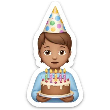 with brown hair cute baby wearing birthday hat with birthday cake sticker