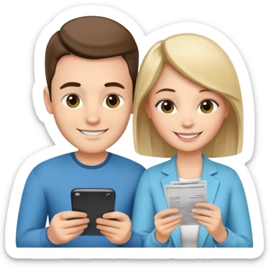 casually dressed stylish  looking husband and wife avatars reviewing their finances together  sticker