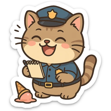 chubby police cat with big grin, holding notepad, giggling at spilled ice cream cone as the crime, lighthearted and funny sticker