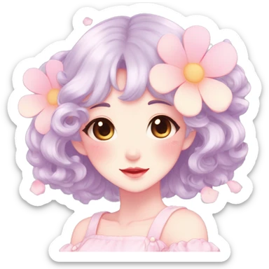 Gorgeous pastel anime style lady with blushing face and flower petals cottagecore fairycore pastelcore shiny colorful pearly petite simplistic aesthetic trending style sticker