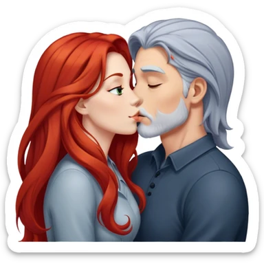 Long red hair woman and young gray hair man kissing sticker