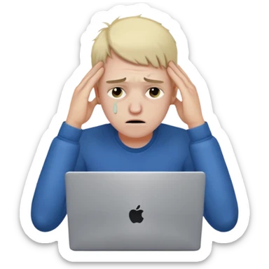 programmer holding his head, exhausted, bruises under his eyes, with a laptop sticker