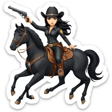 badass confident hot tanned woman with long black hair cowgirl style wearing black leather outfit with gun riding horse in action pose sticker