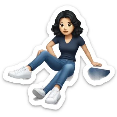 white woman with black hair, dark blue shirt and jeans, white sneakers lying on the floor sticker