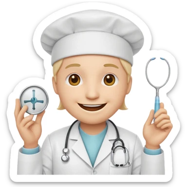 iPhone style smiley face emoji with an over exaggerated, wide smile, wearing a white doctor lab coat and white surgical cap sticker